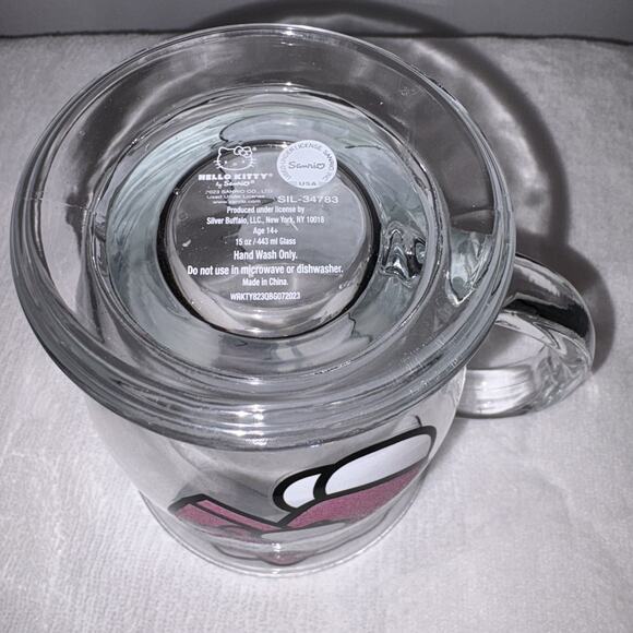 Hello Kitty Pink Glitter Heart On Clear Glass Coffee Tea Mug Cup 15oz New - Picture 6 of 6